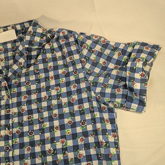 Simply Basic Blue Plaid Gingham White Daisy Flowers Button Up Floral Women S - Picture 4 of 11